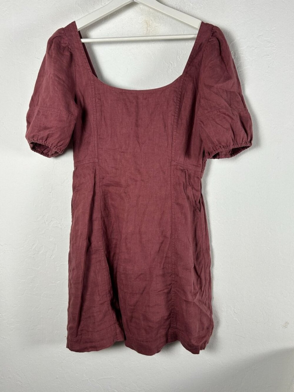 Madewell Womens Maisie Mini Dress Size 8 Maroon 100% Linen Short Puff Sleeve